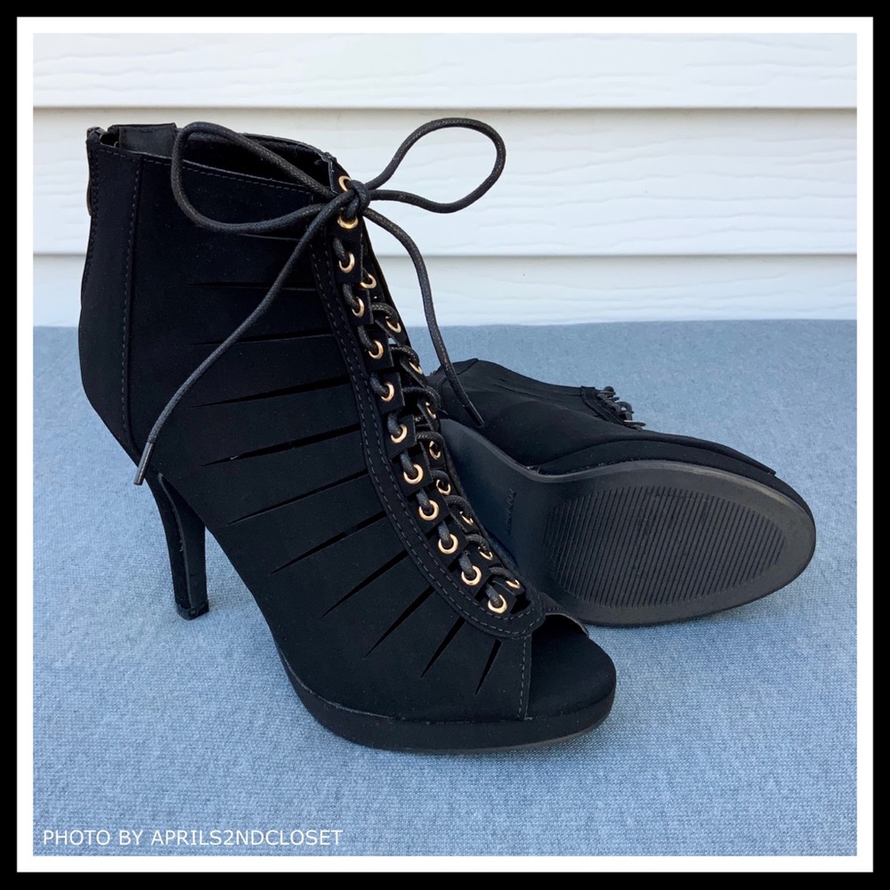 BLACK ANKLE BOOTIES LACE UP PEEP TOE HEELS A3C - Picture 6 of 8